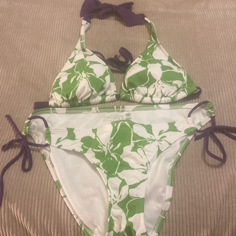 Athleta Bikini Set Zanzibar Bottoms Triangle Top Green Purple Medium